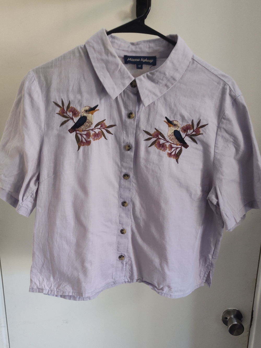 Princess Highway Lilac Short-Sleeve Button-Down with Bird Embroidery